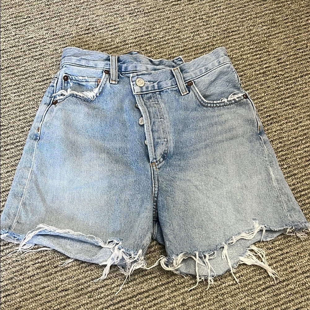 Agolde Criss Cross Light Blue Distressed Jean Shorts 23